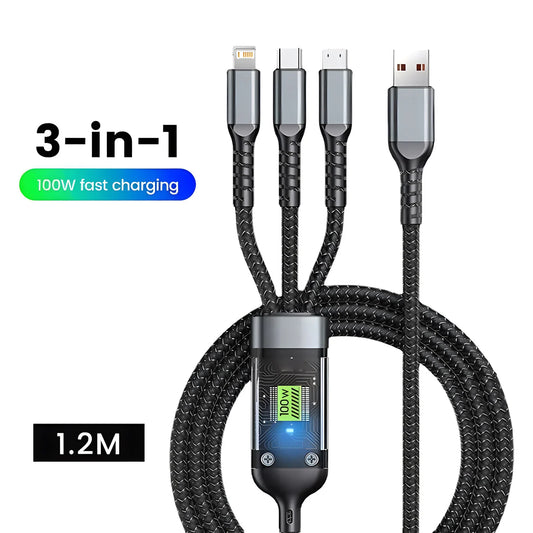 Transparent Luminous 3-in-1 Universal Fast Charging Cable for iPhone 15/14/13 with Type-C and Micro USB Compatibility